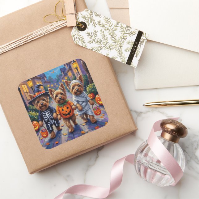 Adesivo Quadrado Yorkshire Terrier Dogs in Halloween Costumes (Presentear)