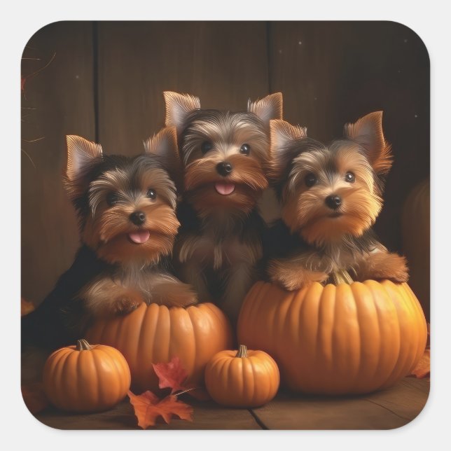 Adesivo Quadrado Yorkshire Terrier Puppy Autumn Delight Pumpkin (Frente)