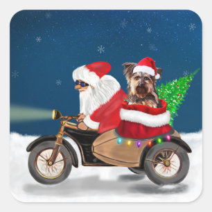 Adesivo Quadrado Yorkshire Terrier's Ride Santa Claus em Motociclet