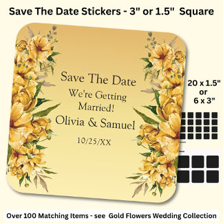 Adesivo Quadrado Your Names, Save The Date, Golden Yellow Flowers