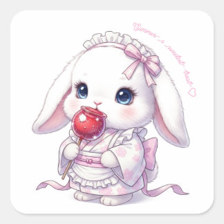 Adesivo Quadrado Yukata Bunny with Apple Candy - Pink Pastel Ribbon