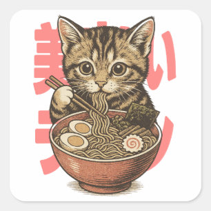 Adesivo Quadrado Yummy Ramen Kitten Sticker
