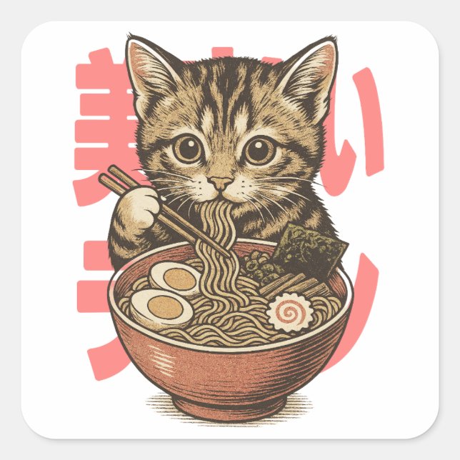 Adesivo Quadrado Yummy Ramen Kitten Sticker (Frente)
