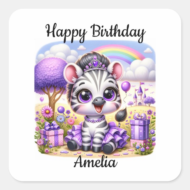 Adesivo Quadrado Zebra Adorável de Aniversário em Tiara (Frente)