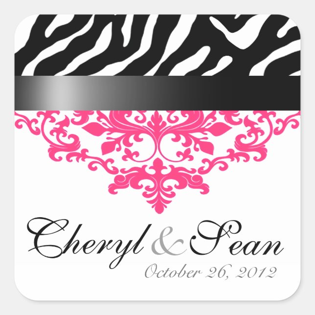 Adesivo Quadrado Zebra Damask Save the Date Sticker (Frente)
