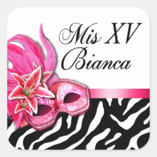 Adesivo Quadrado Zebra e Mascarada branco Quinceañera Sticker