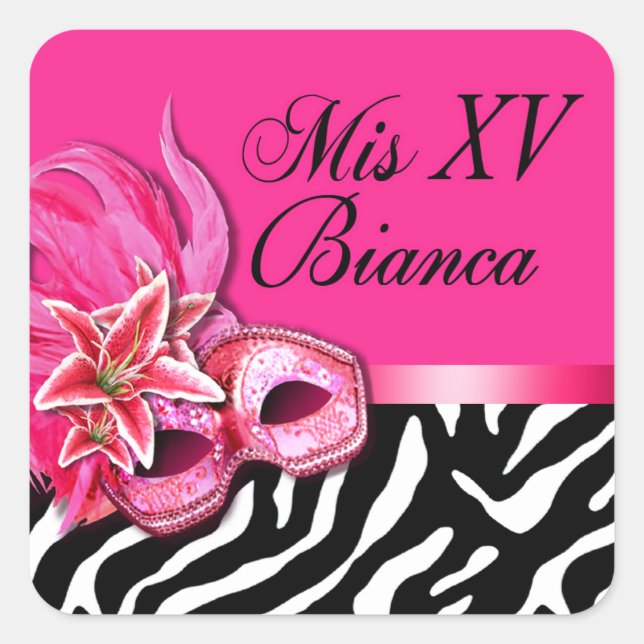 Adesivo Quadrado Zebra Fuschia Mascarada Quinceañera Sticker (Frente)