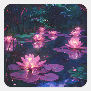 Adesivo Quadrado Zen à Meia-Noite Natureza Rosa Lago de Lótus