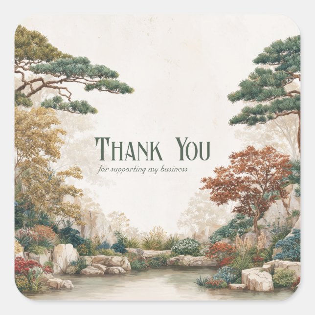 Adesivo Quadrado Zen Asian Pine Tree Water Garden Rustic Scenery (Frente)