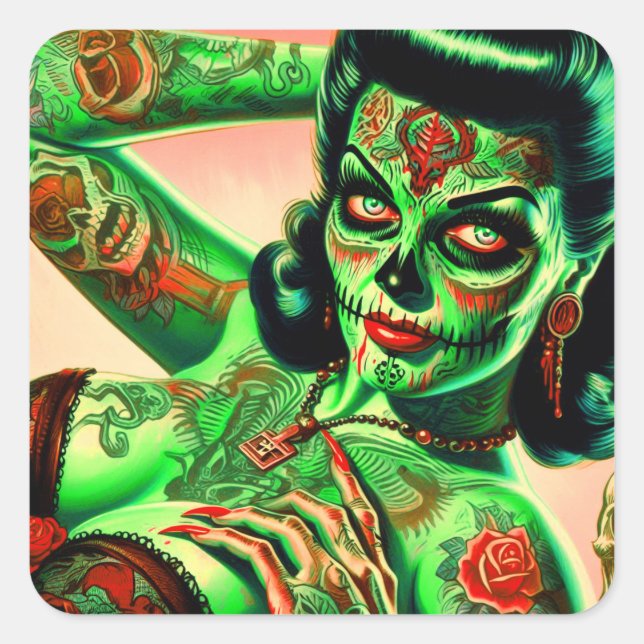 Adesivo Quadrado Zombie Tatuada Pin-up (Frente)