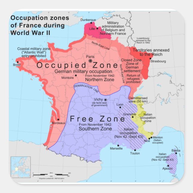 Adesivo Quadrado Zonas de ocupação da França durante a Segunda Guer (Frente)