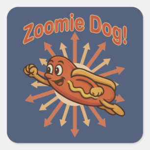 Adesivo Quadrado Zoomie Cachorro Quente Voando - Retro Divertido