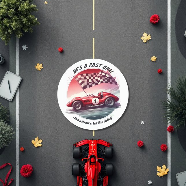Adesivo Qualquer Festa de aniversário de Carro de Corrida  (Any Age Customizable Race Car Birthday Party Classic Round Sticker)