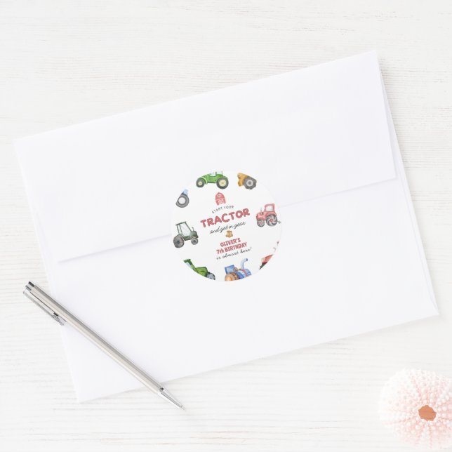 Adesivo Qualquer idade de aniversário do Watercolor trator (Envelope)