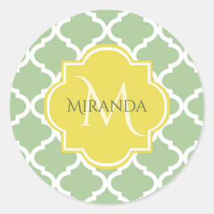 Adesivo Quatrefoil Verde Chic Pastel Nome Amarelo Monogram