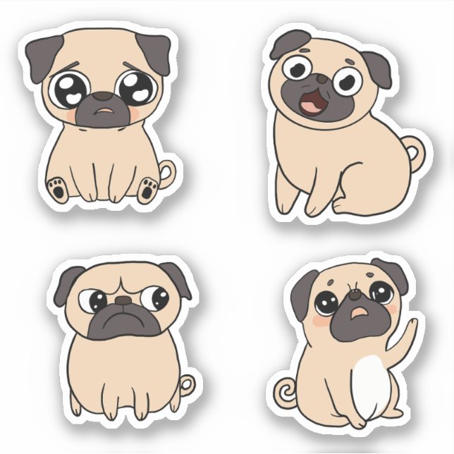 Adesivo Quatro Expressões Cães De Pug De Cubo (Frente)