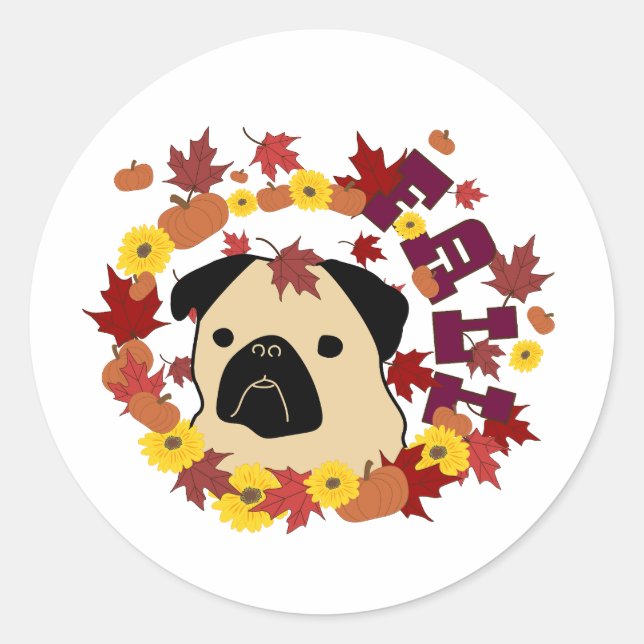 Adesivo Quebra de Pug com Folhas, Pumpkins e Girassóis (Frente)