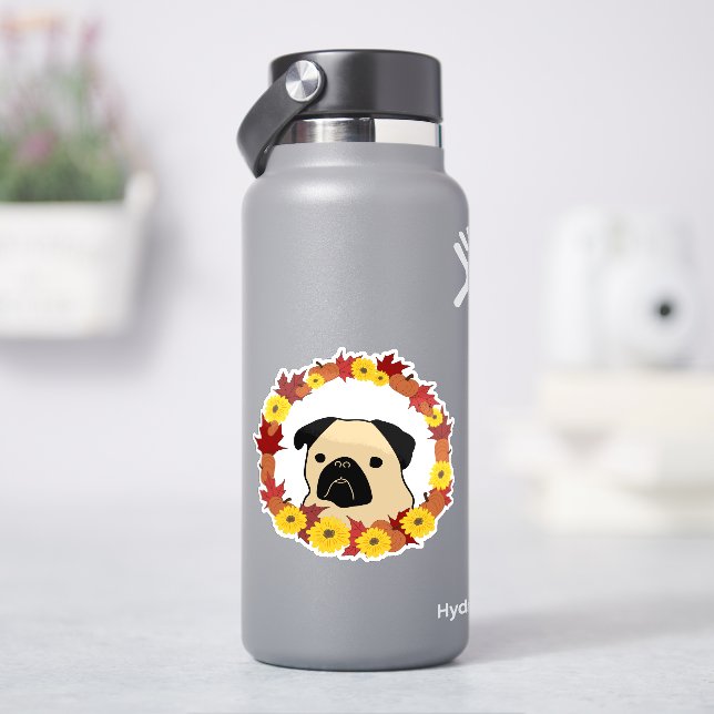 Adesivo Quebra de Pug com Folhas, Pumpkins e Girassóis (HidroFlask)