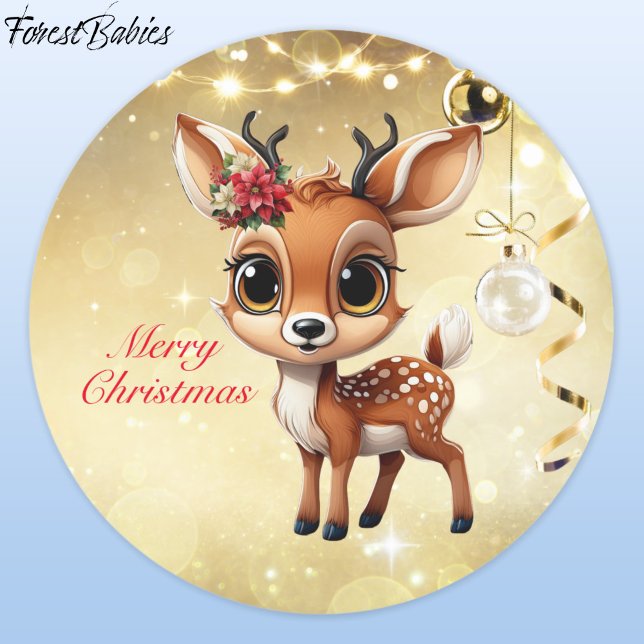 Adesivo Querida Veado, Fawn, Doe, Reindeer 🦌 🎄 Feliz Nat (ForestBabies Floral Baby Deer, Fawn, Doe, Reindeer Antler Lover, Gold Festive Sticker 🦌🎄)
