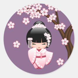 Adesivo Quimono Rosa Boneca Kokeshi Kawaii no Roxo
