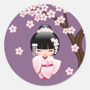 Adesivo Quimono Rosa Boneca Kokeshi Kawaii no Roxo
