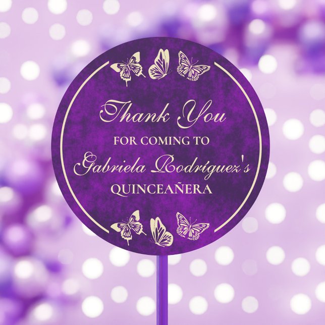 Adesivo Quinceañera, 15 Anos, Borboletas Douradas Roxas (Purple Gold Butterflies 15 Years Old Quinceañera Classic Round Sticker)