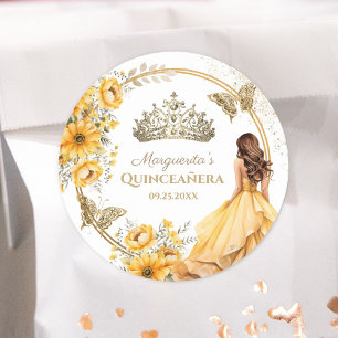 Adesivo Quinceañera Amarelo Floral Tiara Borboleta Dourada