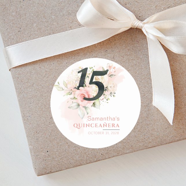 Adesivo Quinceanera Aquarela Rosa Floral 15 Aniversário (Pink Floral Quinceanera 15th Birthday Party Peach Round Sticker)