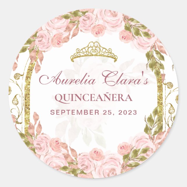 Adesivo Quinceanera, Arca Dourada Princesa Floral Rosa Esb (Frente)