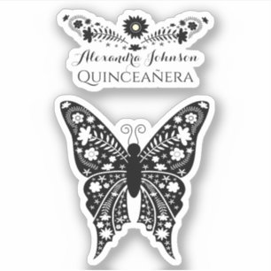 Adesivo Quinceanera Boho Butterfly Black and White Name