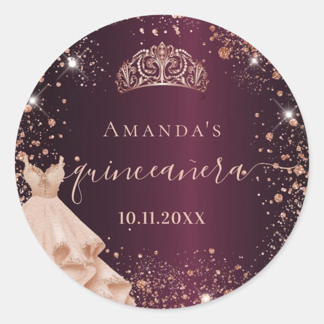 Adesivo Quinceanera burgundy rosa dourado nome script (Frente)