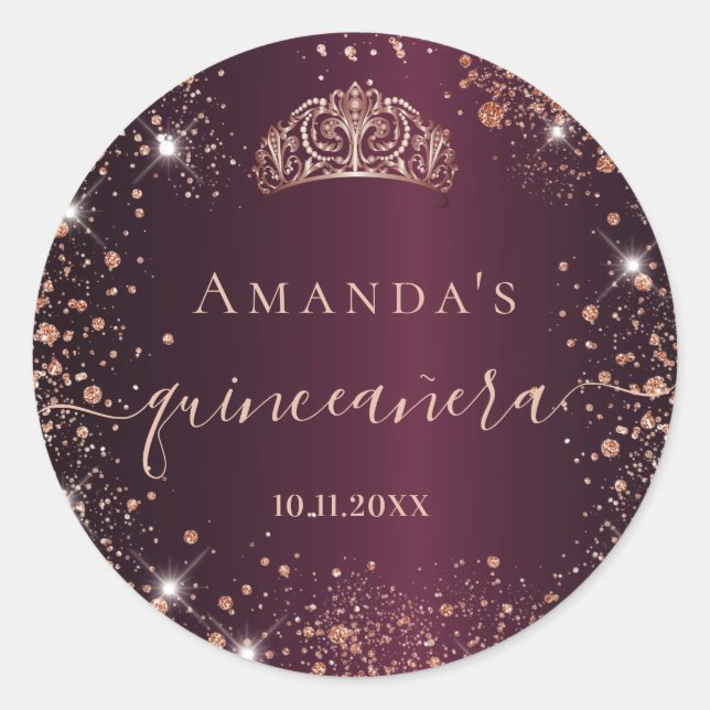 Adesivo Quinceanera burgundy rosa gold tiara name script (Frente)
