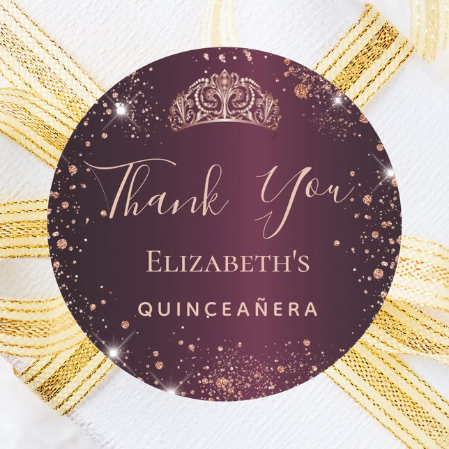 Adesivo Quinceanera burgundy rosa gold tiara obrigado (Criador carregado)