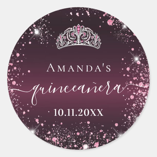 Adesivo Quinceanera burgundy rosa tiara name script (Frente)