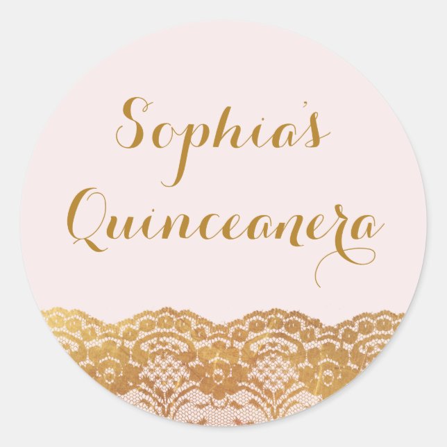 Adesivo Quinceanera com Renda Dourada Rosa (Frente)