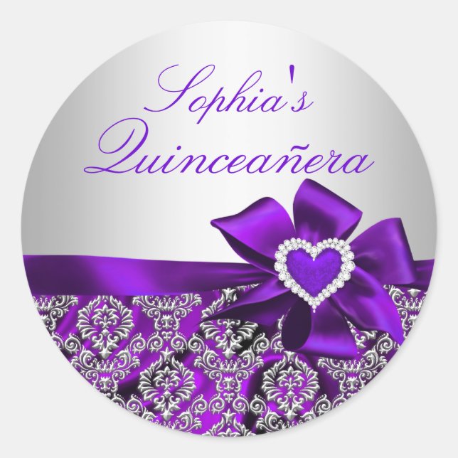 Adesivo Quinceanera Damask Roxo e Prata (Frente)