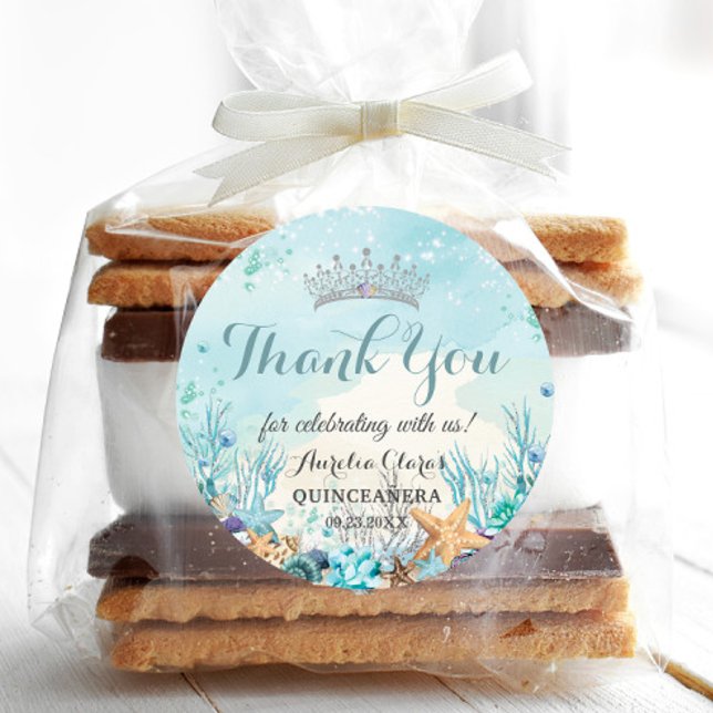Adesivo Quinceañera Debaixo do Mar Conchas Corais (under the sea Quinceañera quince xv sweet 16 birthday bridal shower round favor stickers labels)