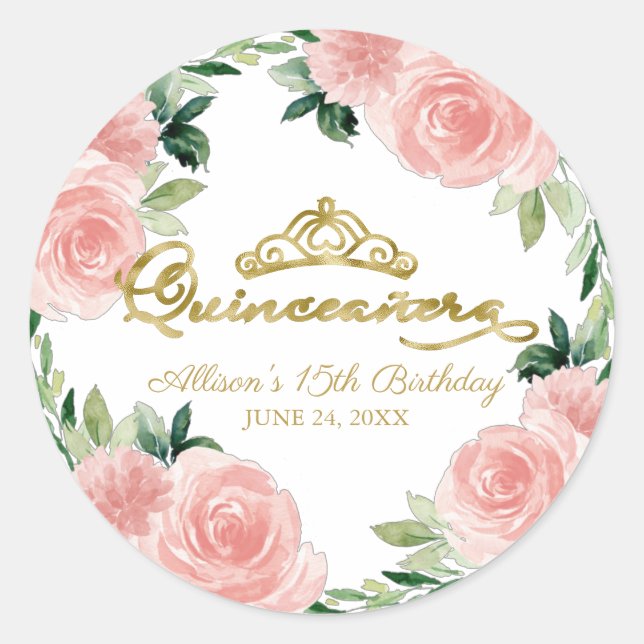 Adesivo Quinceanera Dourada Tiara Blush Clássico Floral Ro (Frente)