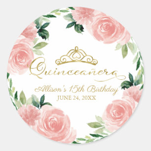 Adesivo Quinceanera Dourada Tiara Blush Clássico Floral Ro