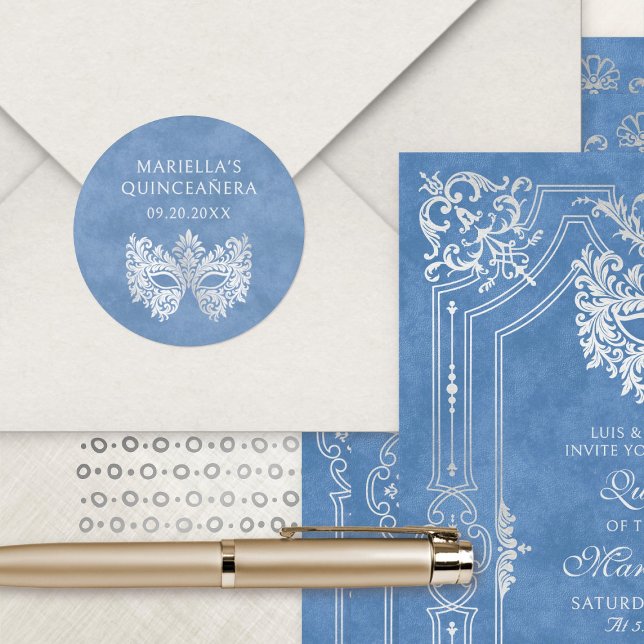 Adesivo Quinceanera Elegante Mascarada Azul (Criador carregado)