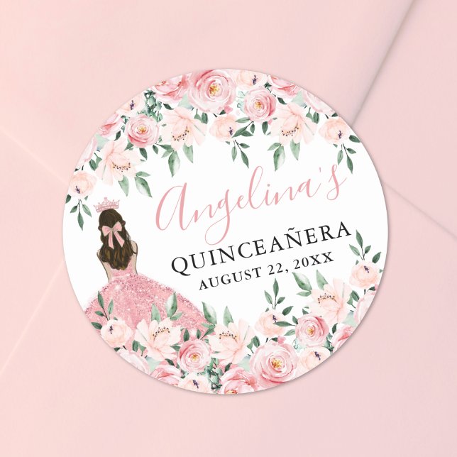 Adesivo Quinceanera Floral Cor-de-Rosa Esbranquiçada (Blush Pink Crown Floral Quinceanera Classic Round Sticker )