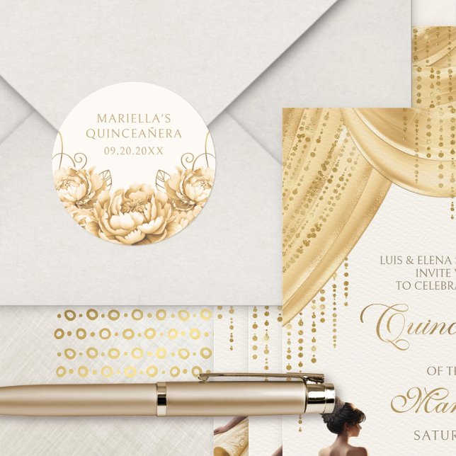 Adesivo Quinceanera Floral Dourada Amarela (Criador carregado)