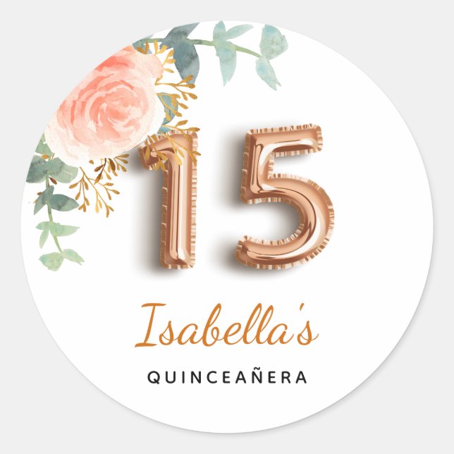 Adesivo Quinceanera floral rosa de ouro eucalipto monogram (Frente)