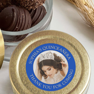 Adesivo Quinceañera Foto Simples Blue Dourado Obrigado