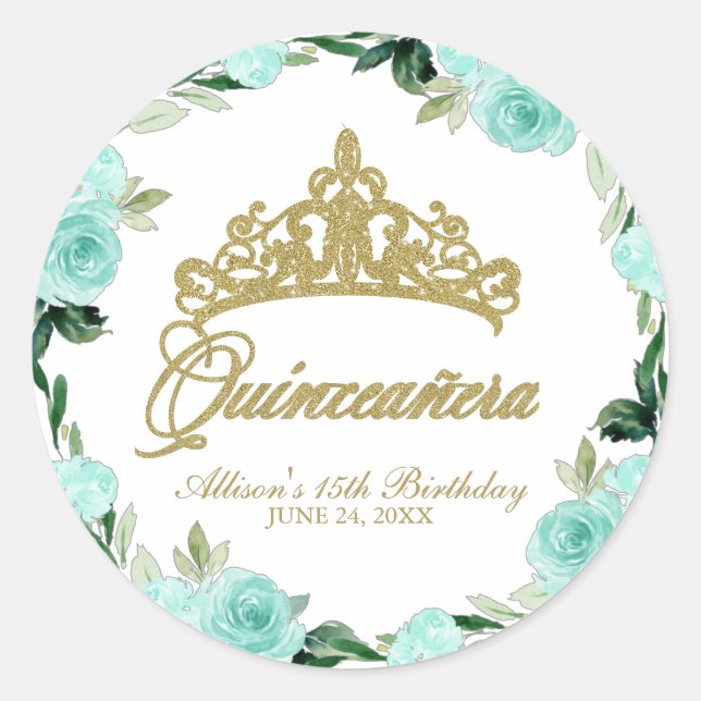 Adesivo Quinceanera God Glitter Tiara Teal Floral (Frente)