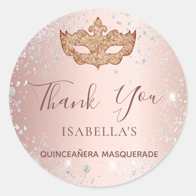 Adesivo Quinceanera mascarada rosa de ouro prata Obrigado (Frente)