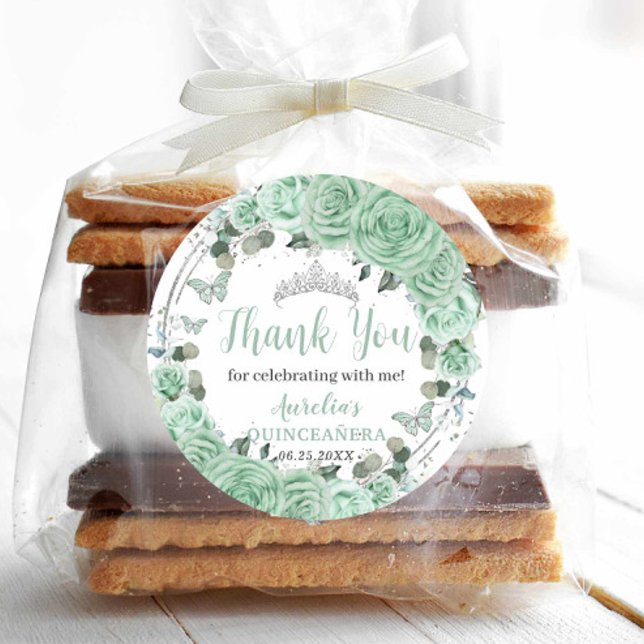 Adesivo Quinceañera Mint Floral Silver Butterflies (Criador carregado)