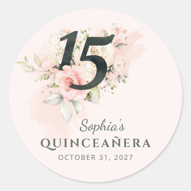 Adesivo Quinceanera Pink Floral Watercolor 15 Aniversário (Frente)