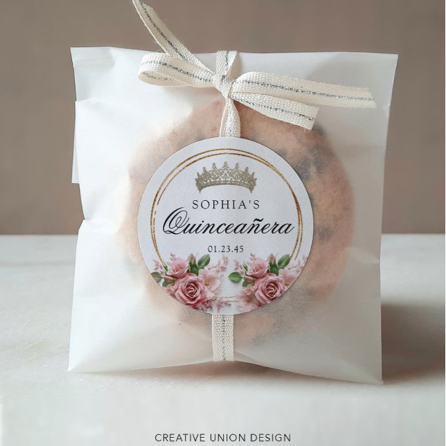 Adesivo Quinceañera Pink Rose Crown Aniversário Favoritos (Criador carregado)
