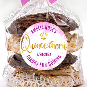 Adesivo Quinceañera Pink Watercolor Gold Foil Moderna Glam